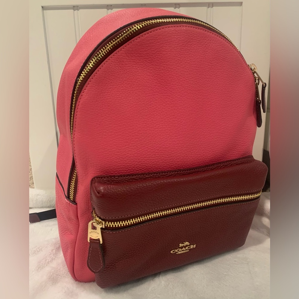 Coach Pink Ruby Charlie Block Medium Pebbled Leather Backpack NEW WITH TAGS